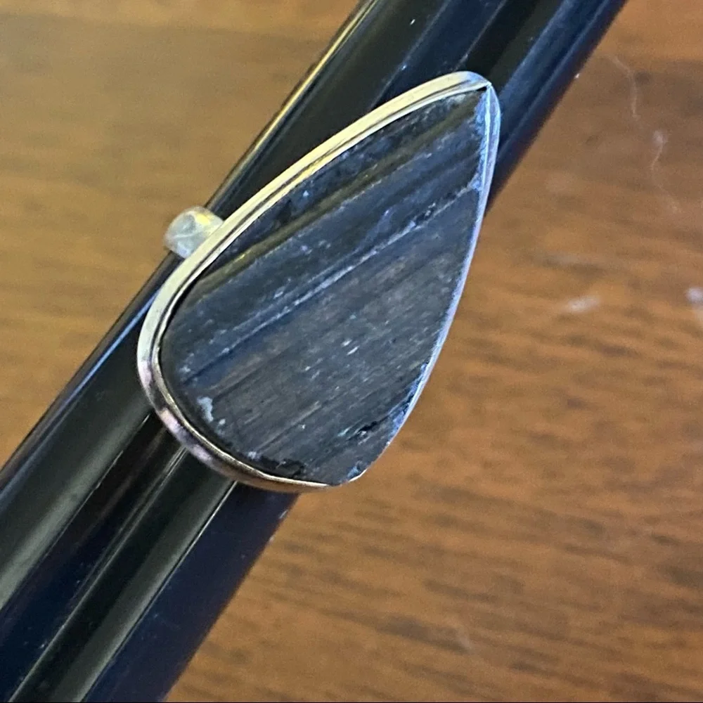 Black Tormultine Stone Ring,‎ 925 Sterling Silver Setting, Size 7.25, New